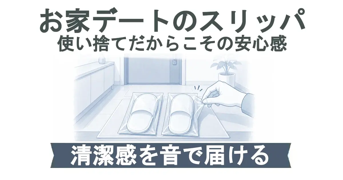 「お家デートのスリッパ　使い捨てだからこその安心感」という見出し。玄関のマット上に個別包装されたスリッパが2足置かれ、右側の手が袋を開封して“パリッ”と音が出る様子を青系の線画で描く。下部帯に「清潔感を音で届ける」。