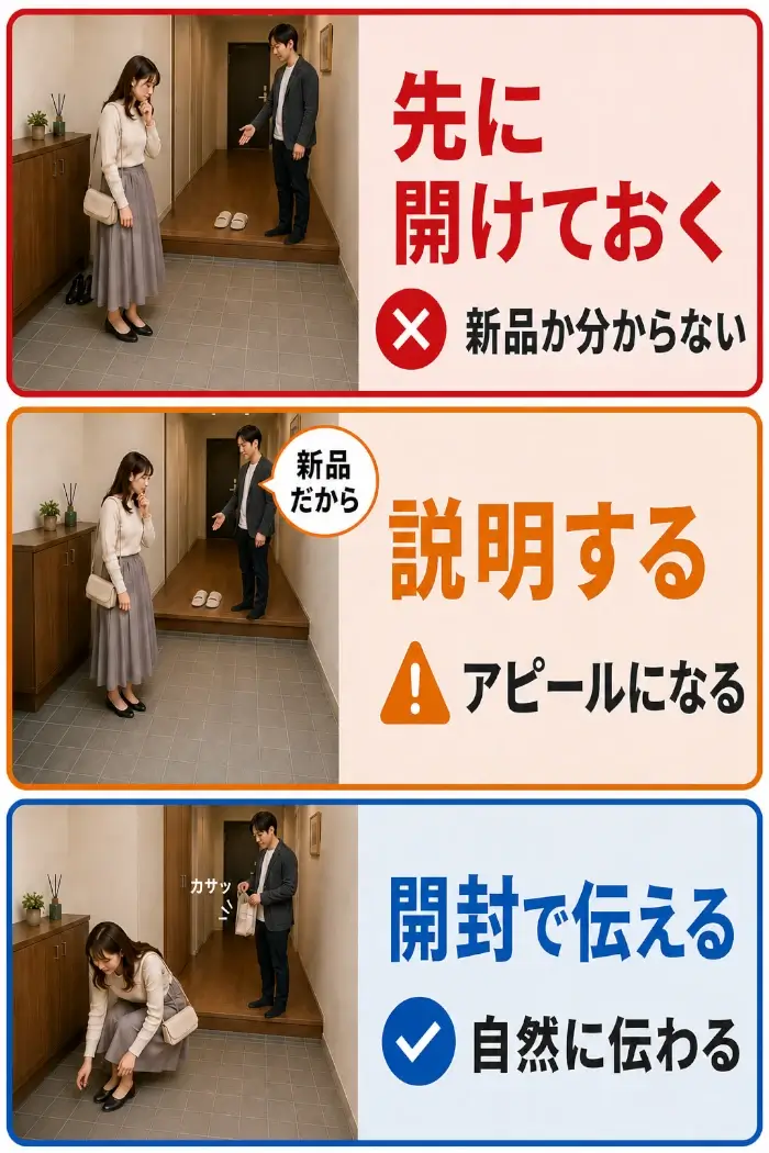 玄関で個別包装スリッパを出すタイミングと伝え方を3段で比較した画像。上段は赤枠で、女性がまだ三和土に立っている状態で、男性がすでに開封済みのスリッパを廊下側に出しており、「先に開けておく」「新品か分からない」と示されている。中段はオレンジ枠で、男性が女性に「新品だから」と説明しており、「説明する」「アピールになる」と示されている。下段は青枠で、女性が三和土で靴を脱いでいる間に、男性が廊下側で個別包装スリッパをさりげなく開封し、「カサッ」という開封音で自然に伝える様子が描かれている。各段とも、女性は三和土側、男性とスリッパは廊下側に配置され、玄関での自然な位置関係を表している。
