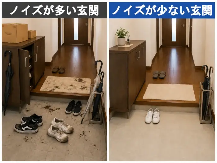 ノイズが多い玄関とノイズが少ない玄関を左右で比較した画像。左側は「ノイズが多い玄関」として、下駄箱の扉が半開きで、下駄箱の上には段ボールが置かれ、床には靴が散らばり、泥汚れや汚れた玄関マットが目立つ。傘立てには複数の傘が雑に入れられ、別の傘も下駄箱の側面に立てかけられている。右側は「ノイズが少ない玄関」として、床がきれいに見え、白い靴が揃えて置かれ、傘は傘立てにまとめられ、玄関マットも清潔で、下駄箱の上には小さな観葉植物とディフューザーが置かれている。