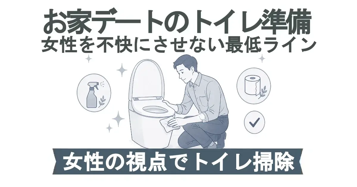 「お家デートのトイレ準備　女性を不快にさせない最低ライン」。青系の線画で、男性がしゃがんで便器まわりを拭き掃除している。周囲にスプレーボトル、トイレットペーパー、チェックマークのアイコン。下部の帯に「女性の視点でトイレ掃除」。