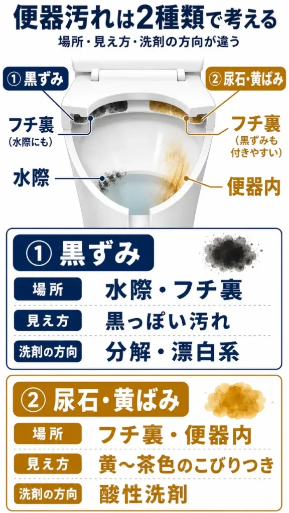 便器汚れを「黒ずみ」と「尿石・黄ばみ」の2種類に分けて解説した縦長の図解。上部に洋式便器のイラストがあり、黒ずみは水際とフチ裏、尿石・黄ばみはフチ裏と便器内に出やすいことを色分けして示している。下部では、黒ずみは「場所:水際・フチ裏」「見え方:黒っぽい汚れ」「洗剤の方向:分解・漂白系」、尿石・黄ばみは「場所:フチ裏・便器内」「見え方:黄〜茶色のこびりつき」「洗剤の方向:酸性洗剤」と整理している。