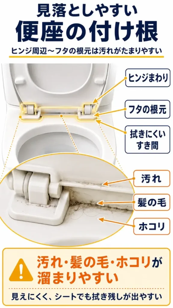 便座の付け根部分が見落とされやすい掃除箇所であることを示した縦長の図解。便座とフタを開いた状態の便器を上から見せ、ヒンジまわり、フタの根元、拭きにくいすき間を矢印で示している。拡大図では、付け根の溝やすき間に汚れ、髪の毛、ホコリが溜まりやすい様子を描き、シートでも拭き残しが出やすい場所だと説明している。