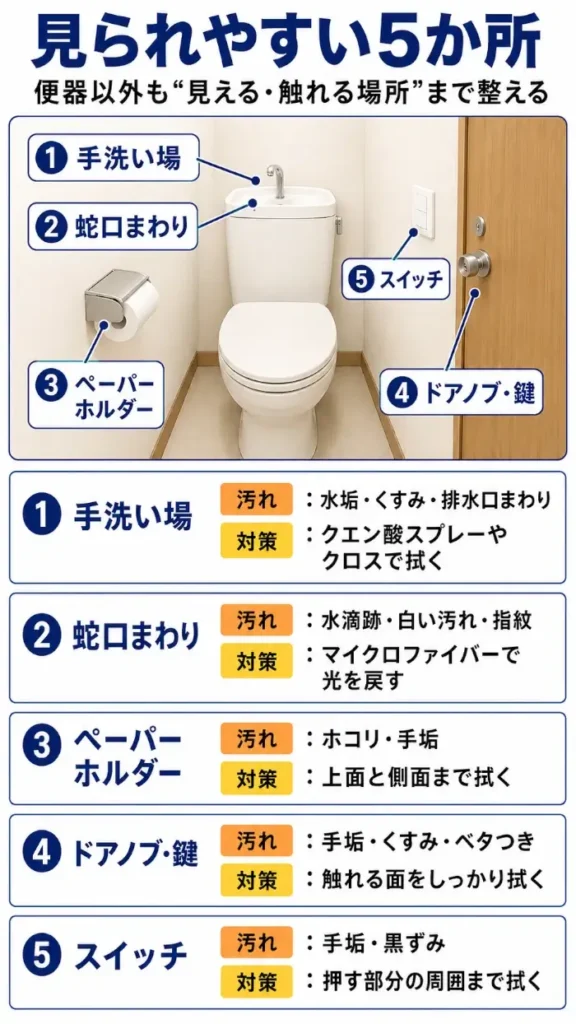 トイレで見られやすい5か所を示した縦長の図解。上部のトイレ空間図では、タンク上の手洗い場、蛇口まわり、左壁のペーパーホルダー、ドアノブ・鍵、スイッチの位置を番号付きで示している。下部では、各場所ごとに汚れと対策を整理し、手洗い場は水垢・くすみ・排水口まわり、蛇口まわりは水滴跡・白い汚れ・指紋、ペーパーホルダーはホコリ・手垢、ドアノブ・鍵は手垢・くすみ・ベタつき、スイッチは手垢・黒ずみが出やすいと説明している。