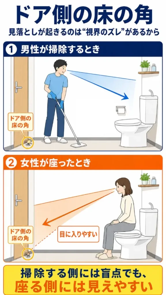 ドア側の床の角が、掃除する男性には見落としやすく、便座に座る女性には見えやすいことを比較した縦長の図解。上段では、男性がドア側に立って右側の便器方向を見ながら床掃除をしており、ドア側の床の角が視界に入りにくいことを示している。下段では、女性が便座に座った状態でドア側を見ており、ドア側の床の角にある汚れが目に入りやすいことを示している。下部に「掃除する側には盲点でも、座る側には見えやすい」とある。