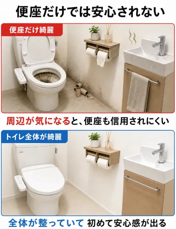 便座だけを綺麗にしても、トイレ全体が整っていなければ安心されにくいことを上下で比較した画像。上段は赤枠で「便座だけ綺麗」とあり、便座は白く見える一方で、便器のフタが開き、便器内の黒ずみ、床や壁まわりの汚れ、手洗い場の水垢、放置されたトイレットペーパーの芯、乱れたペーパーまわりが目立つ。下段は青枠で「トイレ全体が綺麗」とあり、便座、床、壁、手洗い場、ペーパーまわりが整った清潔なトイレが描かれている。中央には「周辺が気になると、便座も信用されにくい」、下部には「全体が整っていて初めて安心感が出る」と示されている。
