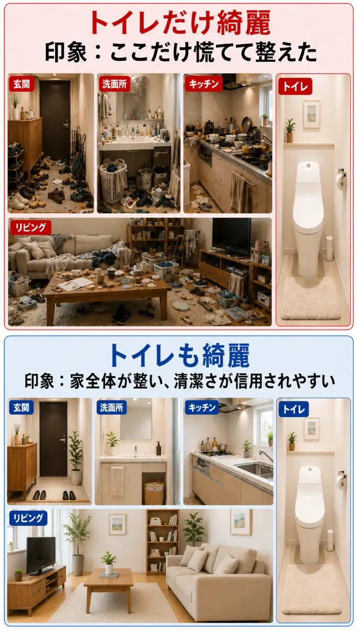 「トイレだけ綺麗」と「トイレも綺麗」の違いを上下2段で比較した図解。上段は赤枠で、見出しは「トイレだけ綺麗」、その下に「印象:ここだけ慌てて整えた」と大きく書かれている。画像内には、靴が散らかった玄関、物があふれた洗面所、洗い物や調理器具が積まれたキッチン、散らかったリビングが並び、右側には清潔に見えるトイレが単独で配置されている。下段は青枠で、見出しは「トイレも綺麗」、その下に「印象:家全体が整い、清潔さが信用されやすい」と大きく書かれている。画像内には、整った玄関、きれいな洗面所、片付いたキッチン、すっきりしたリビングが並び、右側には清潔なトイレが配置されている。家全体の状態によって、同じ清潔なトイレでも受け取られ方が変わることを示している。