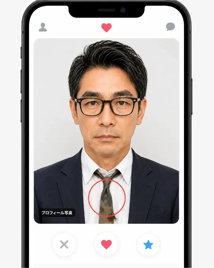 マッチングアプリのプロフィール画面を模した画像。スマートフォンの画面中央に、黒縁眼鏡をかけた40代くらいの男性が、正面を向いてスーツ姿で写っている。髪は整えられ、白シャツとジャケットもきちんとしている一方、ネクタイだけが薄汚れて傷んでおり、赤い丸で強調されている。画面上部にはアプリ風のアイコン、下部には「×」「ハート」「星」の操作ボタンが並び、プロフィール写真の中の一点のだらしなさが目立つ構図になっている。