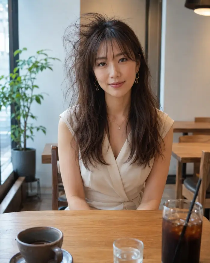 カフェのテーブル越しに向かい合って座る女性を、デート相手の視点で見たイメージ画像。38歳くらいの日本人女性が、白系のきれいめなワンピースを着て、アクセサリーも付けておしゃれをしている一方、長い髪の左上部分だけが大きく乱れ、寝ぐせがはっきり目立っている。女性は穏やかな表情でこちらを見ており、手前のテーブルにはコーヒーカップ、グラスの水、アイスドリンクが置かれている。店内は木のテーブルと椅子が並ぶ一般的な日本のカフェで、窓際の観葉植物や自然光が見える落ち着いた空間になっている。