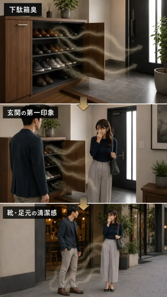 下駄箱のニオイが玄関に広がり、訪れた女性の第一印象や外で履く靴の清潔感に悪影響を与える流れを示した図