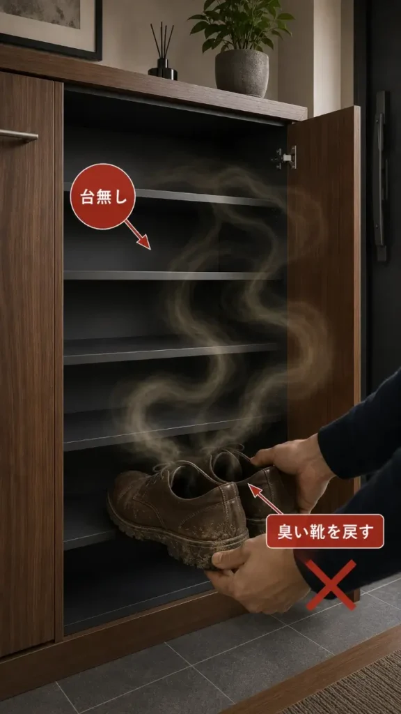 掃除した下駄箱に臭い靴を戻すと、靴のニオイが下駄箱内に広がり清潔な状態が台無しになることを示した図