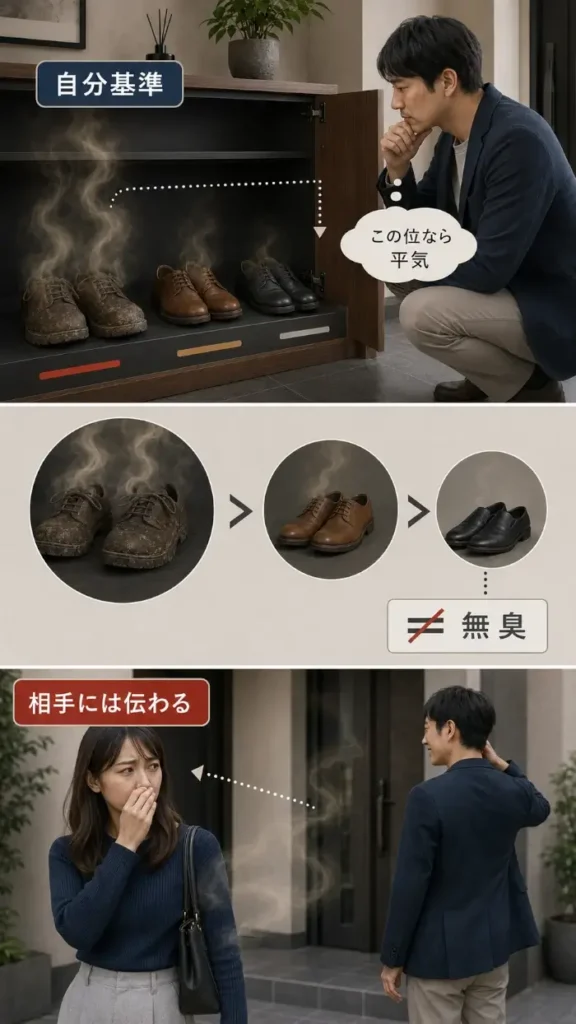 強いニオイの靴と比べて「この位なら平気」と判断しても、わずかな靴のニオイが相手には伝わることを示した図