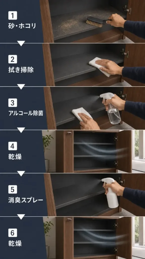 下駄箱の砂やホコリを取り、拭き掃除、アルコール除菌、乾燥、消臭スプレー、再乾燥の順に進める手順を示した図