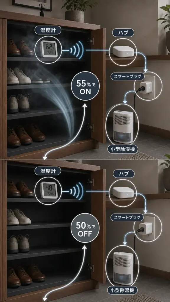 下駄箱内の湿度を湿度計で測り、55％で小型除湿機を自動運転し、50％で停止するスマートホーム化の流れを示した図