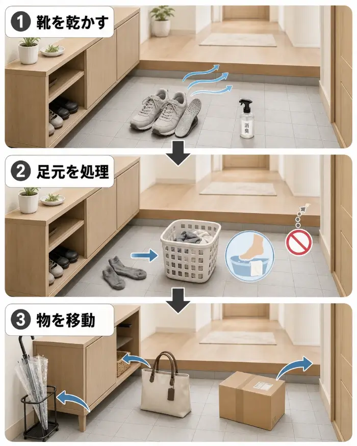 帰宅後に靴を乾かし、靴下と足を処理し、濡れた傘や荷物を玄関から移動する3段階の手順図