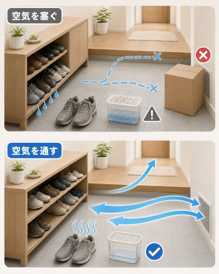 換気口を荷物で塞ぎ靴を詰め込んだ状態と、空気の通り道を確保して湿った靴を乾かす状態の比較図
