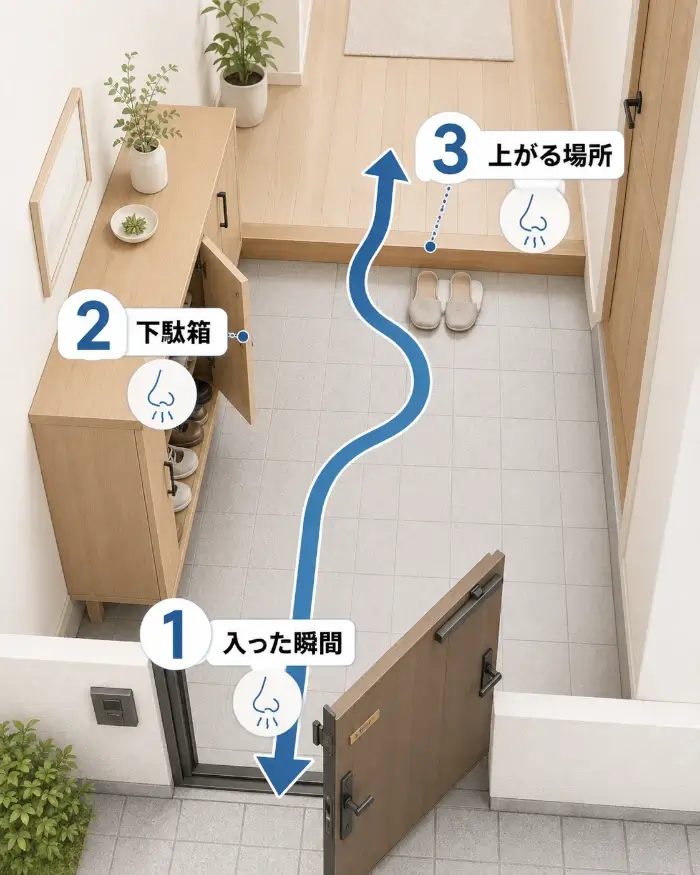 玄関ドア、下駄箱、上がり框の順に、来客動線でニオイを確認する3地点の図