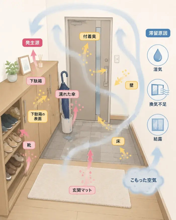 靴や濡れた傘などから出た臭いが壁や床に付着し、湿気・換気不足・結露によって玄関内にこもる仕組みを示した図
