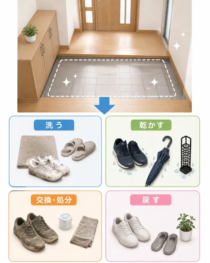 玄関の物をいったんすべて出し、洗う・乾かす・交換処分・戻すの4つに分ける流れを示した図