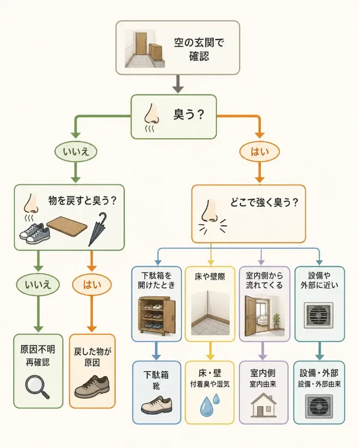 空の玄関でニオイを確認し、戻した物、下駄箱、床や壁、室内側、設備・外部側へ原因を切り分けるフローチャート