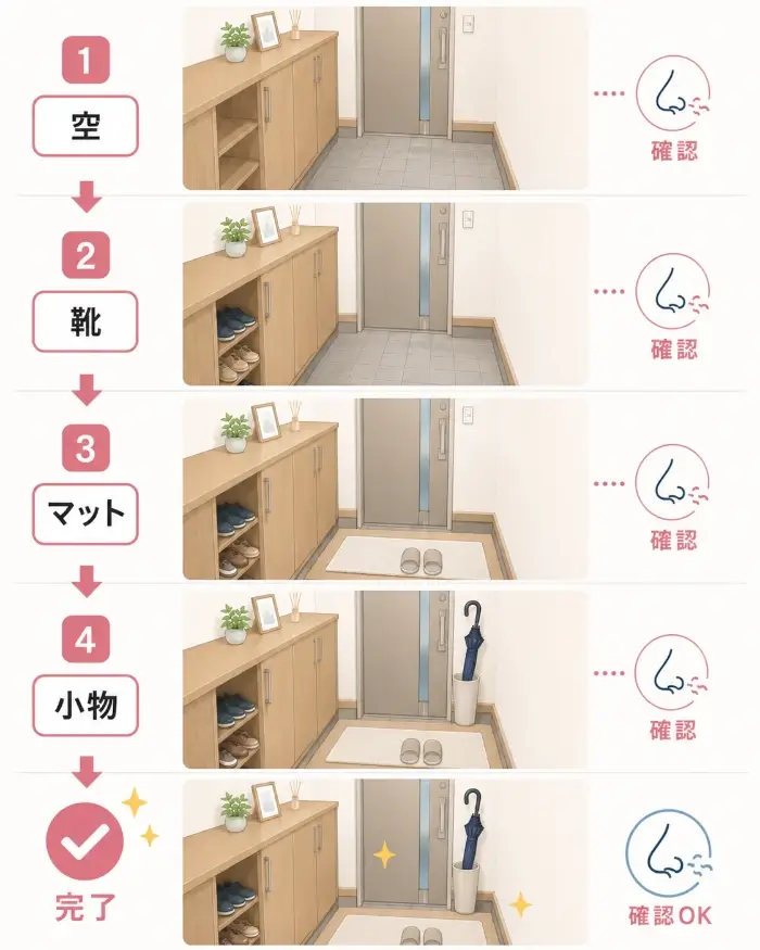空の玄関に靴、マット、小物を順番に戻し、その都度ニオイを確認する手順図