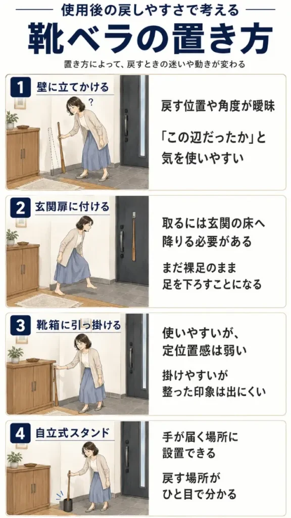 「使用後の戻しやすさで考える 靴ベラの置き方」と題した縦長の比較インフォグラフィック。玄関を背景に、同じ女性が靴ベラの4つの置き方を扱う場面を上下4段で示している。1段目の「壁に立てかける」では、女性が壁際に靴ベラを戻そうとし、候補位置を示す点線と疑問符によって、戻す位置や角度が曖昧で「この辺だったか」と気を使いやすいことを表現している。2段目の「玄関扉に付ける」では、靴ベラが玄関扉に掛けられており、裸足の女性が上がり框から玄関の床へ降りようとしている。靴ベラを取るには、まだ靴を履いていない状態で玄関の床へ足を下ろす必要があることを示している。3段目の「靴箱に引っ掛ける」では、女性が靴箱の側面に靴ベラを掛けており、使いやすい一方で定位置感が弱く、整った印象が出にくいことを示している。4段目の「自立式スタンド」では、女性が手の届く場所に置かれたスタンドへ靴ベラを戻しており、戻す場所がひと目で分かることを表現している。