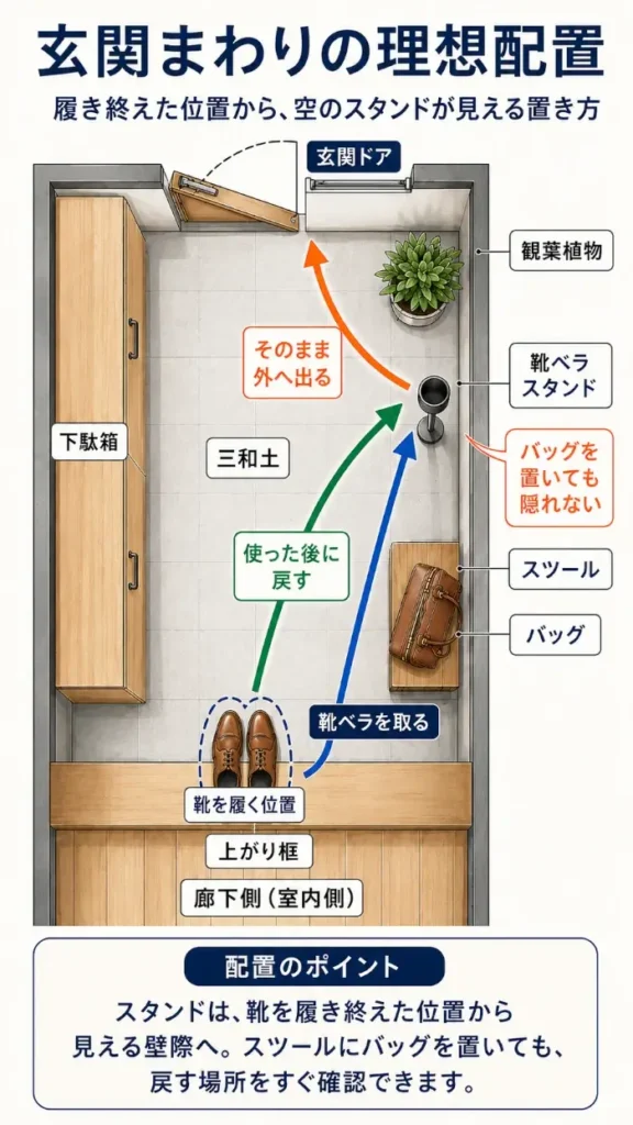 9:16の縦長インフォグラフィック。タイトルは「玄関まわりの理想配置」、副題は「履き終えた位置から、空のスタンドが見える置き方」。玄関を真上から見た平面図で、上側に玄関ドア、中央にグレーのタイル張りの三和土、下側に上がり框と木目の廊下側が描かれている。左側の壁には木製の下駄箱があり、反対側の右壁には、玄関ドアに近い順に観葉植物、空の靴ベラスタンド、バッグを載せた木製スツールが並ぶ。靴ベラスタンドとスツールの間には距離があり、バッグを置いてもスタンドが隠れない配置になっている。上がり框付近には革靴と「靴を履く位置」の表示があり、そこから靴ベラスタンドへ向かう青い矢印に「靴ベラを取る」、靴を履く位置からスタンドへ戻る緑の矢印に「使った後に戻す」、スタンド付近から玄関ドアへ向かうオレンジ色の矢印に「そのまま外へ出る」と記されている。下部には「配置のポイント」として、靴を履き終えた位置からスタンドが見え、スツールにバッグを置いても戻す場所を確認できることが説明されている。