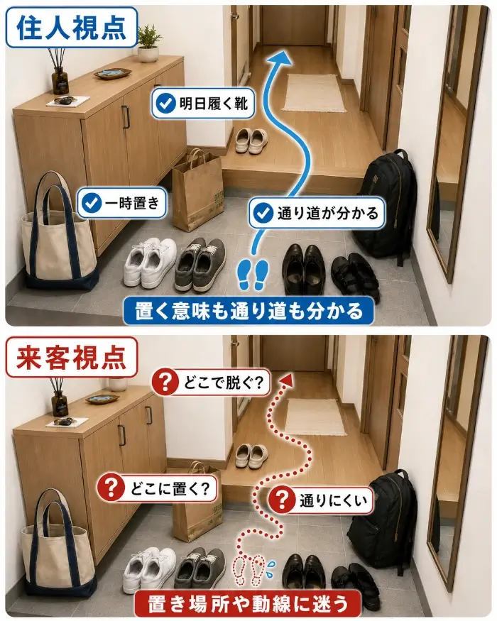 同じ玄関でも、住人には物の意味や通り道が分かる一方、来客は靴を脱ぐ場所や荷物の置き場所に迷うことを示した比較図