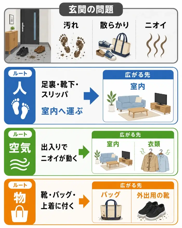 玄関の汚れ・散らかり・ニオイが、人・空気・物を通じて室内、衣類、バッグ、外出用の靴へ広がる経路を示した図
