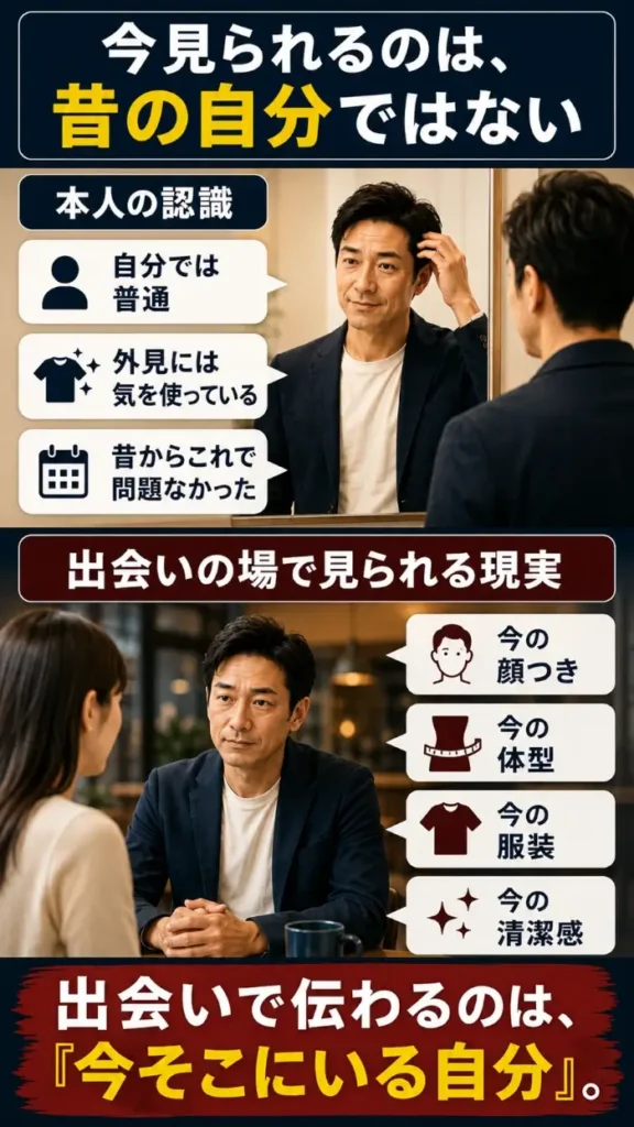 鏡の前で髪型や服装を整えながら「自分では普通」「外見には気を使っている」「昔からこれで問題なかった」と認識している40代男性と、出会いの場で女性から「今の顔つき」「今の体型」「今の服装」「今の清潔感」として現在の姿を見られている様子を上下で対比した図。過去の自分や本人の自己評価ではなく、出会いでは「今そこにいる自分」が第一印象として伝わることを示している。