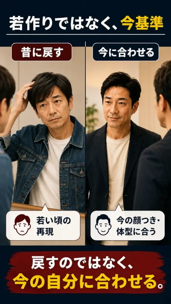 「若作りではなく、今基準」という見出しの縦長比較図。左側には、若い頃の髪型やデニムジャケットのような服装を再現しようとしている40代男性が鏡の前に立ち、「昔に戻す」「若い頃の再現」と示されている。右側には、同じ男性が今の顔つきや体型に合う落ち着いたジャケット姿で鏡の前に立ち、「今に合わせる」「今の顔つき・体型に合う」と示されている。下部には「戻すのではなく、今の自分に合わせる」とあり、若作りではなく現在の自分に合う見た目へ整えることの大切さを表している。