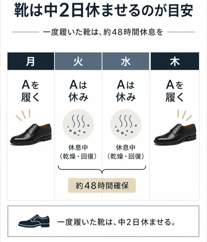 月曜に履いた靴Aを火曜と水曜に休ませ、木曜に再び履くことで約48時間の乾燥・回復時間を確保する図。