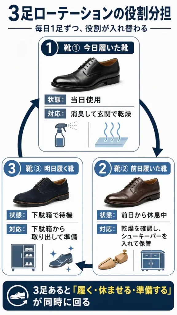 3足の靴を「今日履いた靴」「前日履いた靴」「明日履く靴」に分け、消臭して乾燥、乾燥確認後に保管、下駄箱から取り出して準備、という役割が毎日入れ替わる流れを示した図。