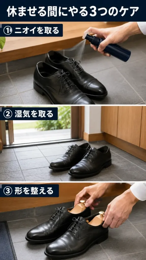 靴を休ませる間に行う3つのケアを示した画像。1つ目は靴に消臭スプレーをかける、2つ目は玄関で乾燥させる、3つ目はシューキーパーを入れて形を整える流れ。