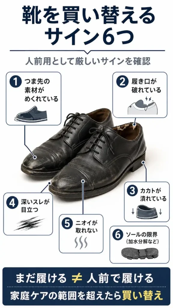 靴を買い替える6つのサインとして、つま先のめくれ、履き口の破れ、潰れたカカト、深いスレ、取れないニオイ、劣化したソールを示した図。