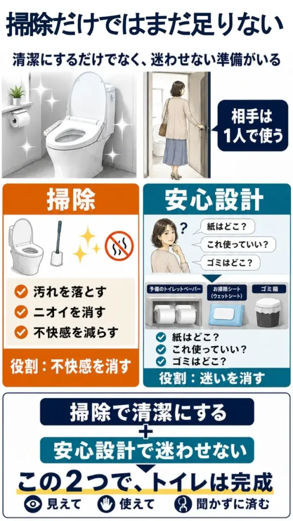 お家デート前のトイレ準備で、掃除と安心設計の違いを解説した図。掃除は汚れやニオイなどの不快感を減らし、安心設計は予備のトイレットペーパー、掃除シート、ゴミ箱などを分かりやすく用意して、女性が一人で使う際の「どこにある?」「使っていい?」という迷いを減らす役割を示している。