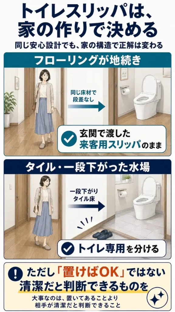 来客用トイレスリッパの使い分けを家の構造別に比較した図。フローリングが廊下からトイレまで地続きなら玄関で渡した来客用スリッパのまま使い、タイル床や一段下がったトイレでは専用スリッパを分ける考え方を示している。どちらの場合も、置くこと自体ではなく、来客が清潔だと判断できる状態にすることが重要。