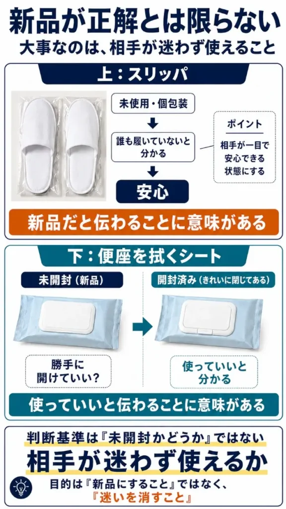 来客用スリッパと便座を拭くシートを例に、「新品・未開封が常に正解ではない」ことを解説した図。スリッパは未使用・個包装だと安心につながる一方、拭くシートは未開封だと「勝手に開けていい?」という迷いが生まれるため、開封済みで使ってよいと分かる状態にする考え方を比較している。