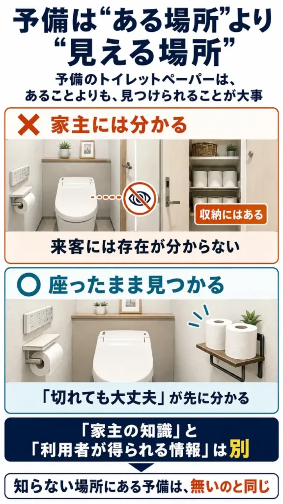 予備のトイレットペーパーの置き場所を比較した図解。収納の中に予備があっても来客には存在が分からない一方、便座に座ったまま見える場所に1〜2個置くことで、紙が切れても大丈夫だと事前に分かることを示している。