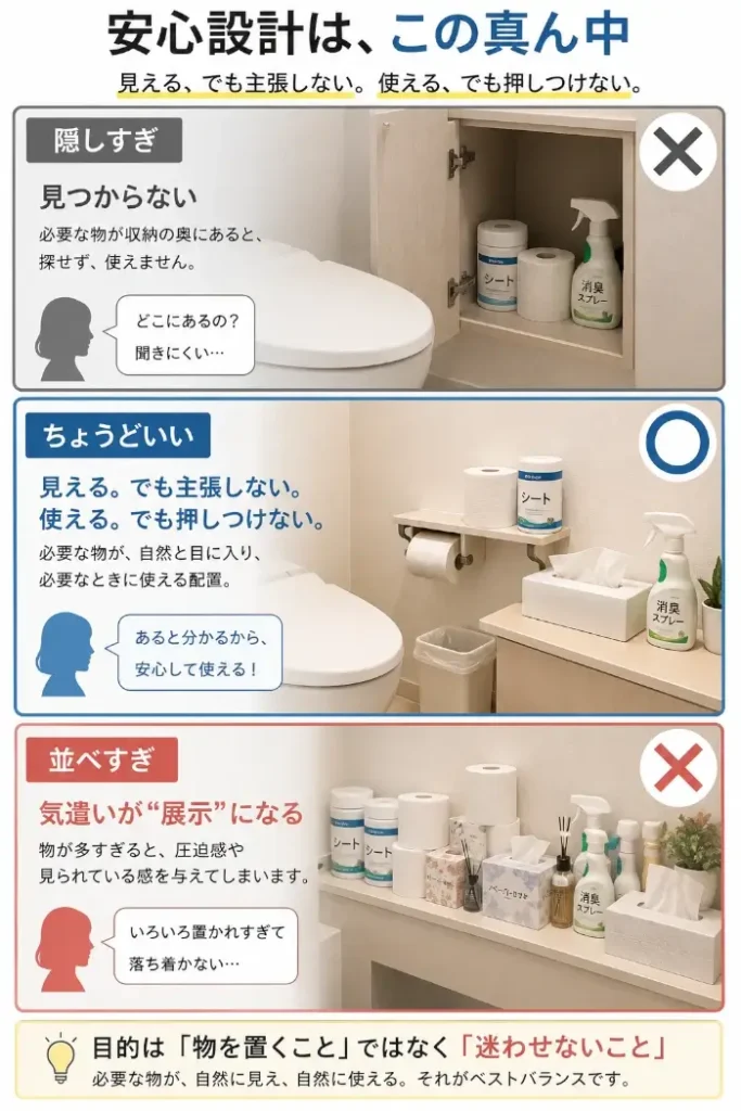 来客用トイレの安心設計で、備品を隠しすぎる・ちょうどよく配置する・並べすぎる3パターンを比較した図。予備のトイレットペーパー、便座を拭くシート、ゴミ箱、消臭スプレーなどは、必要なときに見つけられる一方で目立ちすぎない配置が適切であり、目的は物を多く置くことではなく相手を迷わせないことだと示している。