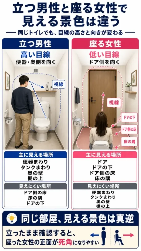 立って便器側を見る男性と、座って正面のドア側を見る女性の視界を比較した図。男性は便器やタンク、奥の壁が見えやすく、女性はドアの下、ドア側の床、床の隅が見えやすいことを示している。