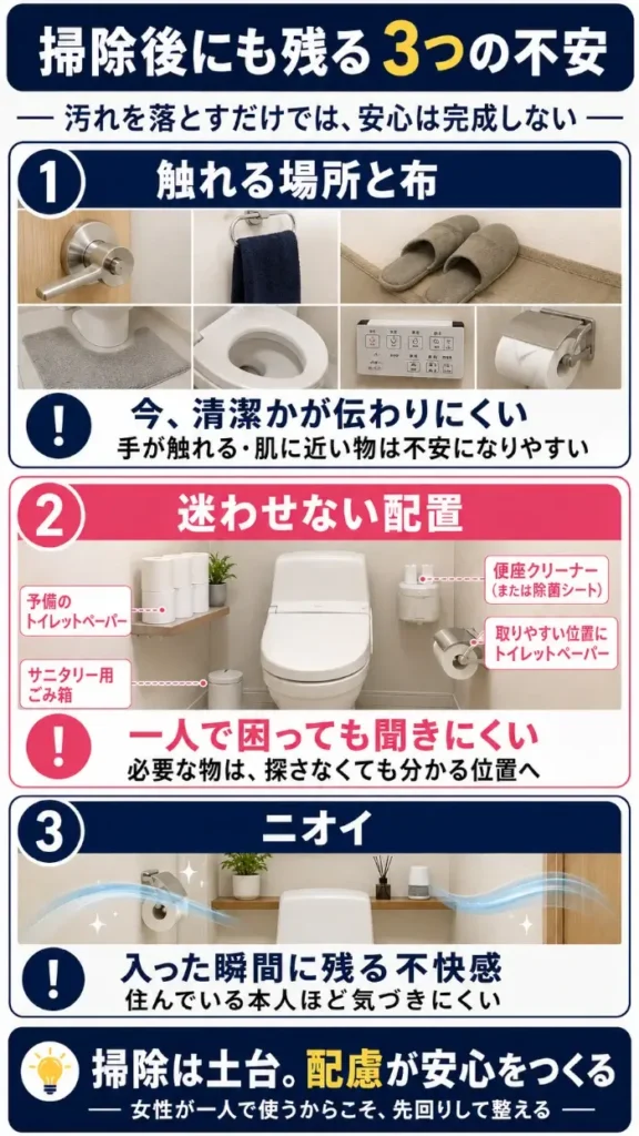 掃除後のトイレにも残る3つの不安として、ドアノブやタオル、スリッパなど触れる場所と布の清潔さ、予備のトイレットペーパーやサニタリー用ごみ箱、便座クリーナーを迷わず使える配置、住人ほど気づきにくいトイレのニオイを示した図。