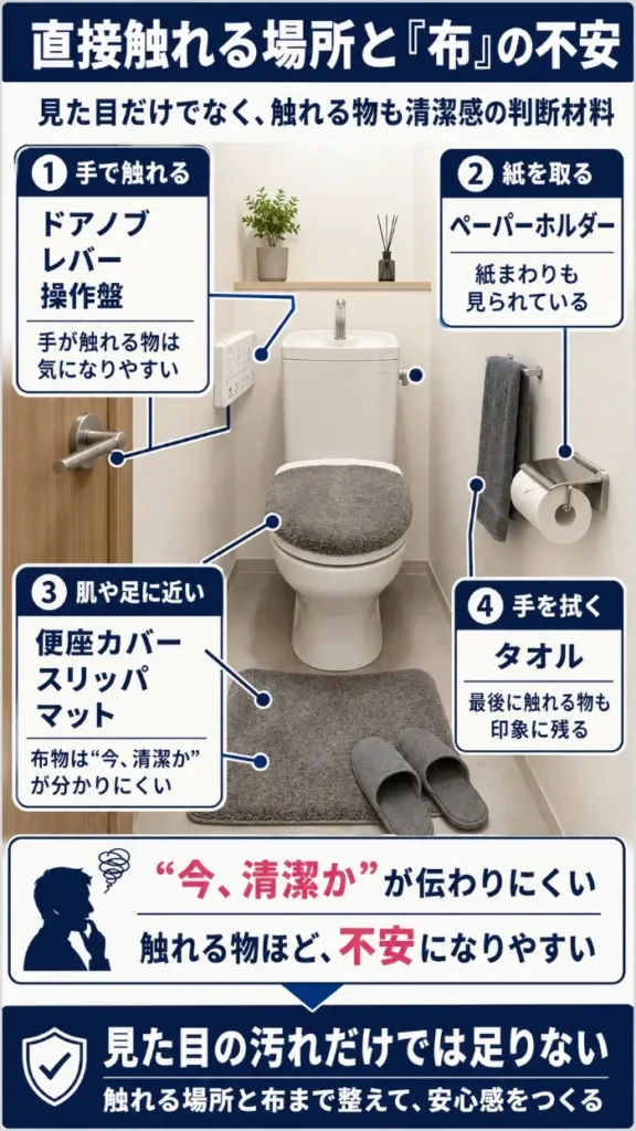 トイレで直接触れる場所と布製品を示した図。ドアノブ、洗浄レバー、操作盤、ペーパーホルダー、タオル、便座カバー、スリッパ、トイレマットは、来客が手や肌で触れる一方、現在清潔な状態か判断しにくく、不安や清潔感の印象に影響することを示している。