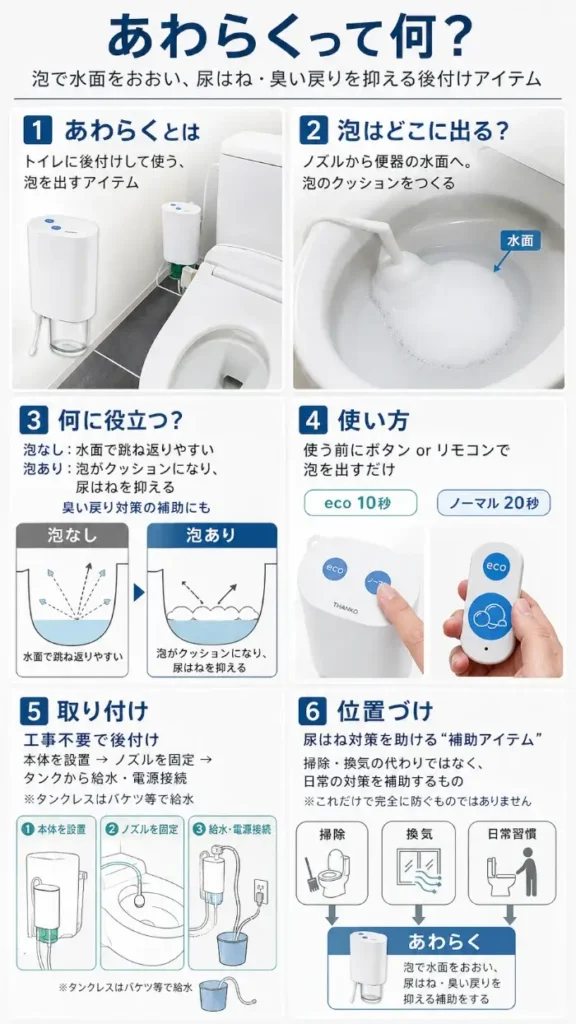 後付けトイレ用泡発生器「あわらく」の仕組みと使い方を6コマで解説。便器の水面に泡のクッションを作り、尿はねや臭い戻りを抑える補助アイテムであること、ボタン・リモコン操作、工事不要の取り付け方法を図解。