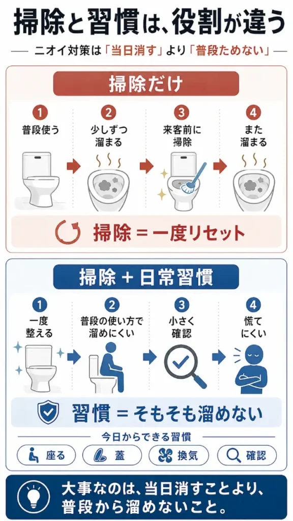 トイレのニオイ対策で「掃除だけ」と「掃除+日常習慣」の違いを比較した図解。掃除だけではニオイが再び溜まるのに対し、座って使う・蓋を閉める・換気・確認などを習慣化すると、ニオイを普段から溜めにくくできることを示している。