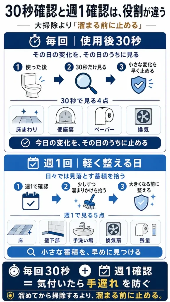 トイレのニオイを溜めないための「使用後30秒確認」と「週1回の確認」の役割を比較した図解。毎回は床まわり・便座裏・ペーパー・換気を確認し、週1回は床・壁下部・手洗い場・換気扇・備品残量を確認して、汚れやニオイが大きくなる前に対処する流れを示している。