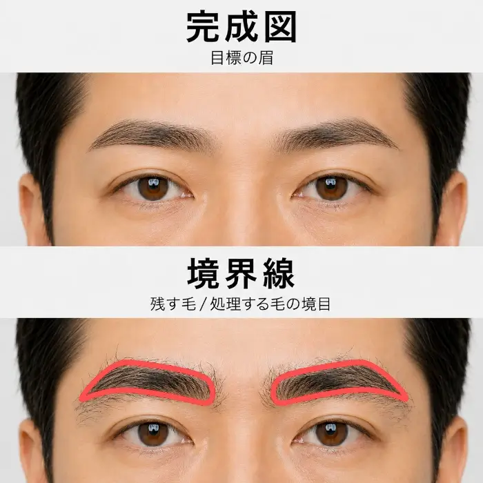 上段に整え終わった目標の眉、下段に手入れ前の自然な眉と、完成図の形へ近づけるために残す毛と処理する毛を分ける赤い境界線を示した比較図。