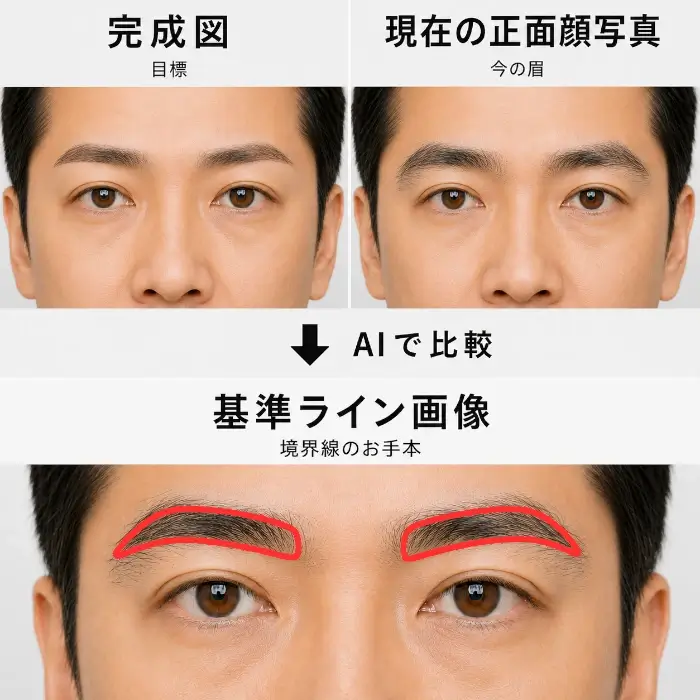 上段で、左に目標となる「完成図」、右に手入れ前の「現在の正面顔写真」を並べ、その下に「AIで比較」の矢印を配置。下段では、上段右と同じ現在の顔写真に赤い境界線だけを重ねた「基準ライン画像」を示し、完成図を参考に今の眉で残す毛と処理する毛の境目を決める流れを表している図。
