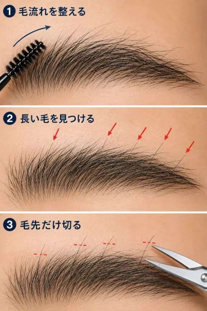同じ手入れ前の眉を使い、スクリューブラシで毛流れを整え、周囲より長く飛び出した毛を確認し、その毛の切断位置だけを眉用ハサミで少し切る3ステップを示した図。