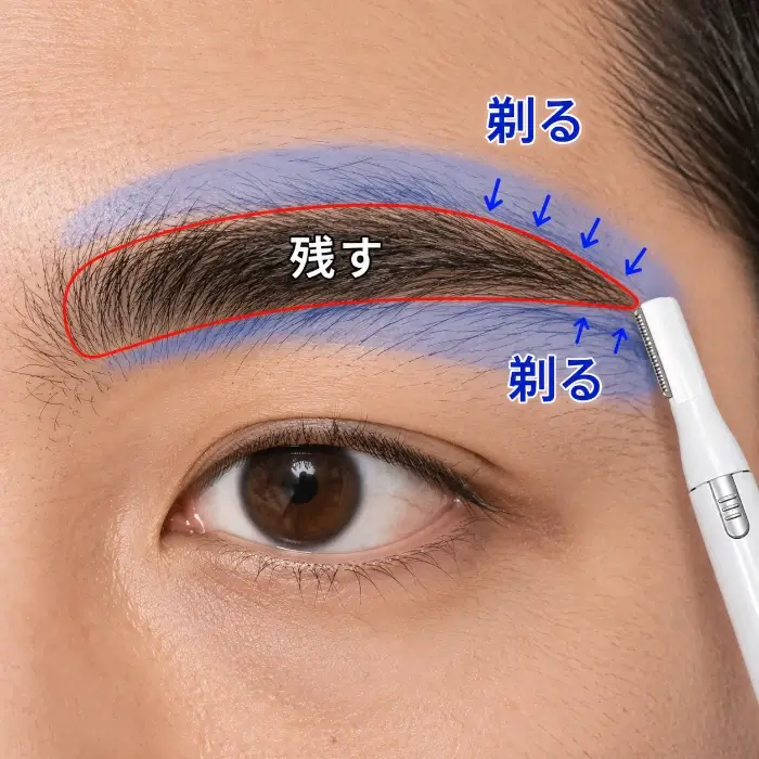 男性の眉に赤い境界線を示し、境界線の内側を残す範囲、外側をシェーバーで処理する範囲として、外側から境界線へ少しずつ近づけて剃る流れを示した図