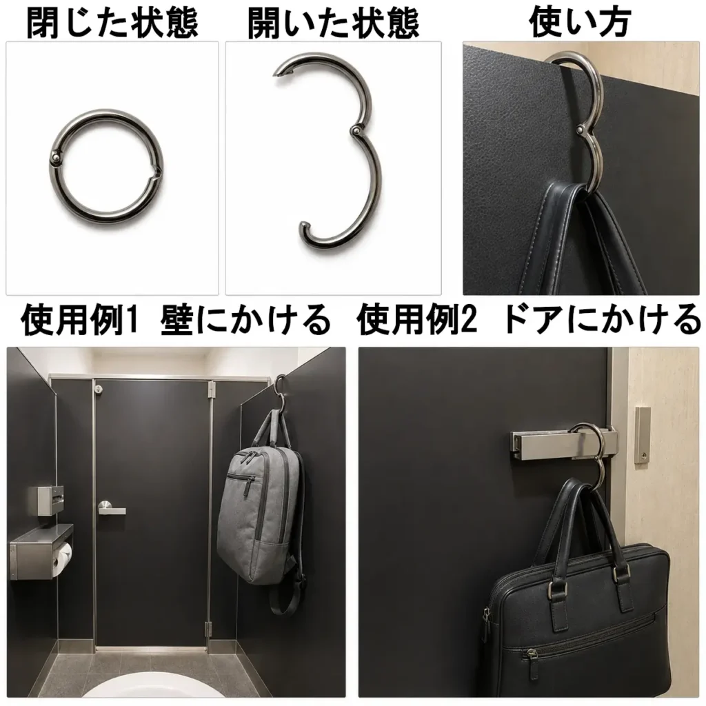 バッグハンガーの閉じた状態・開いた状態と、公衆トイレ内でビジネスリュックやビジネスバッグを床に置かず吊るして使う例。